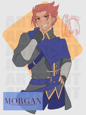 A male human figure with orange hair and red eyes, wearing a dark grey, blue, and golden fantasy suit.