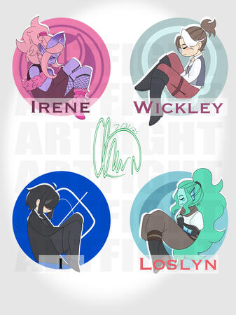 Irene by Thatpink0ne, Wickley by ProlixPat, i by Detre, Loslyn by PhoRaminal An image of four chibi-designed characters.Top Left: a female purple tiefling wearing a maroon colored dress with pink hair and boots. Top Right: A human male character with brown and white hair, wearing red pants, black boots, and a white shirt under a gr
