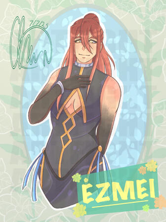 A feminine human character with red hair and golden eyes, wearing a mostly black outfit with golden accents, and has black markings on her hands up her arms.