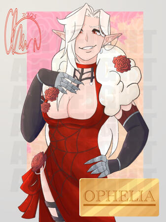 A feminine elven-vampiric character with white hair and red eyes, wearing a red dress, black opera gloves with metal claws over her fingers (removable).