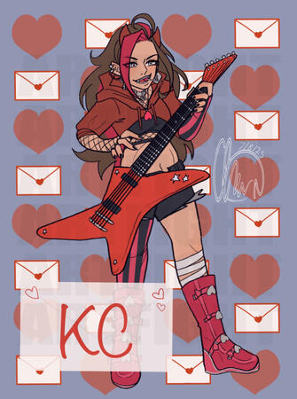 A human feminine looking character with brown hair with a red streak, wearing a punk-like outfit with a cropped hoodie, fish net gloves, shorts, and red-pink boots wielding a red guitar.