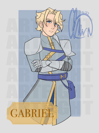 A male human character with blonde hair and blue eyes, wearing a grey outfit with blue and gold highlights, as well as shoulder pauldrons.