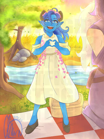 Lily by StrangeImmortal A tiefling female child with blue skin, hair, and eyes, wearing an off-white dress with pink flowers decorated on it standing in a picnic scene while forming a heart with her hands.