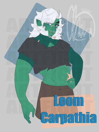 Loom Carpathia by belbeeps A green orc-looking man with white hair, a black cropped shirt, and brown pants.