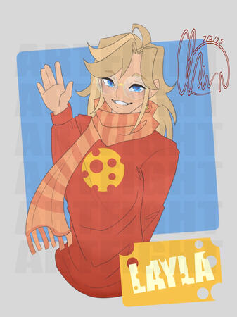 A feminine human character with blonde hair and blue eyes, wearing a stripped scarf with a red sweater with a cheese logo.