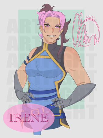 Irene by WilaWizp A feminine human character with pink and brown hair, wearing light blue, dark grey/black with golden trimming and metal gauntlets.