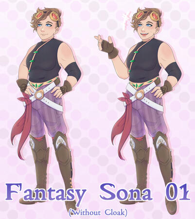 Fantasy Sona 01 (No Cloak) An image of a feminine character with brown hair, a black sleeveless shirt, striped pants, and tall brown boots, showing an idle and talking PNG format.