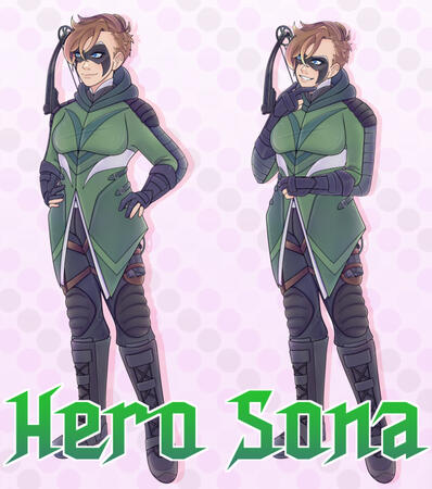 An image of a feminine character with brown hair, wearing a black domino mask, a green coat with shoulder pads and padded gloves with black pants with knee pads and boots, along with a gun holsters on both thighs and a bow on the back, showing an idle and