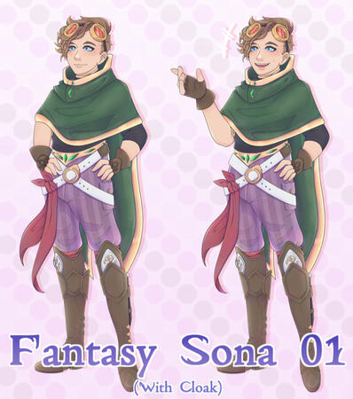 Fantasy Sona 01 (Cloaked) An image of a feminine character with brown hair, green cloak, striped pants, and tall brown boots, showing an idle and talking PNG format.